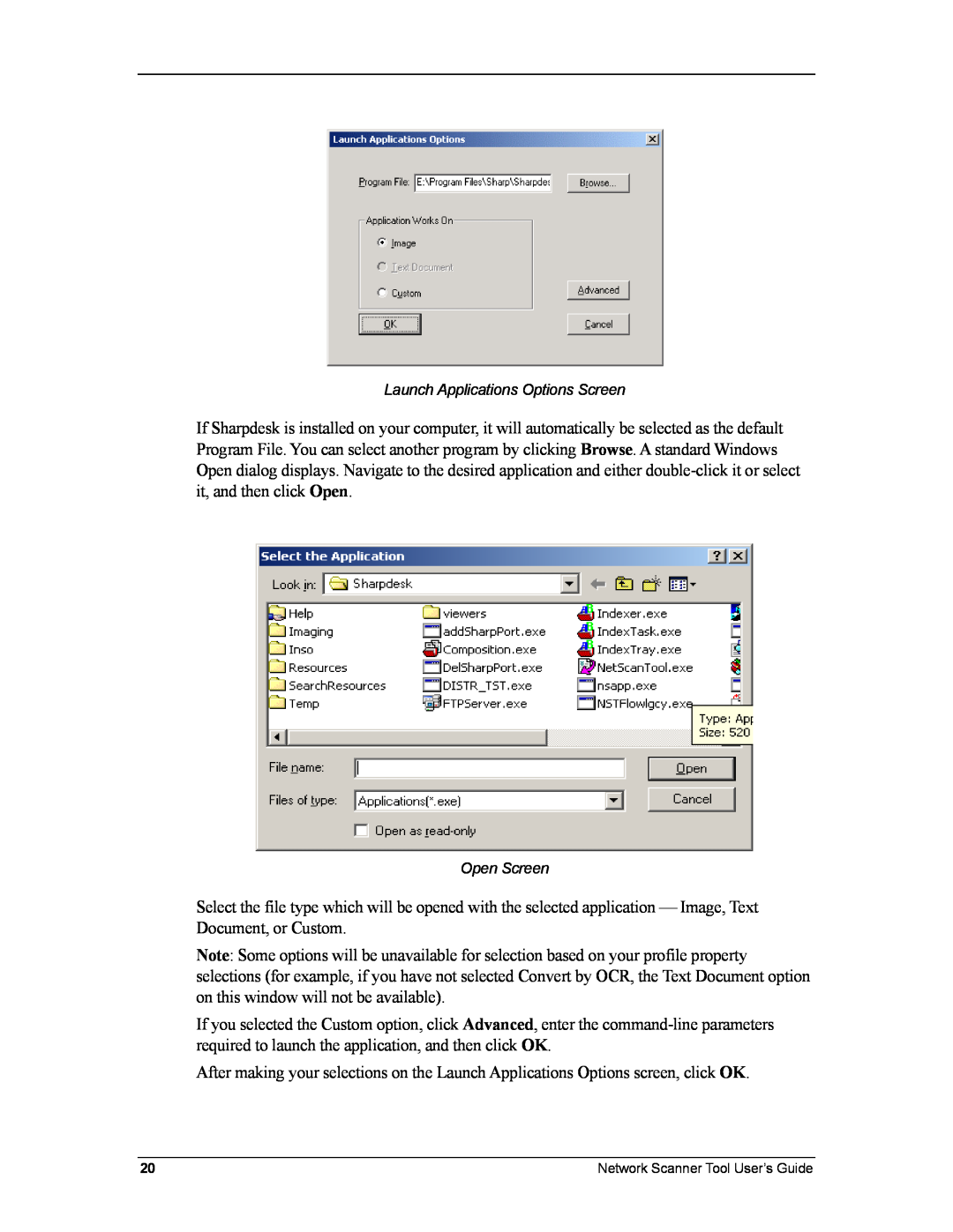 Sharp R3.1 manual Launch Applications Options Screen, Open Screen 