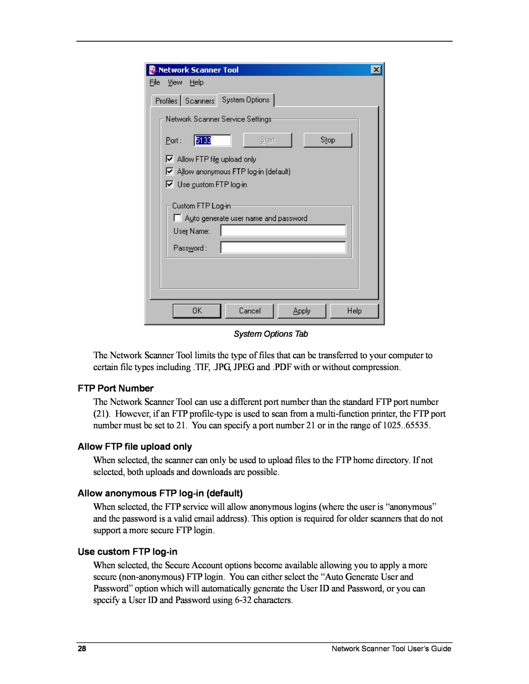 Sharp R3.1 manual FTP Port Number, Allow FTP file upload only, Allow anonymous FTP log-in default, Use custom FTP log-in 