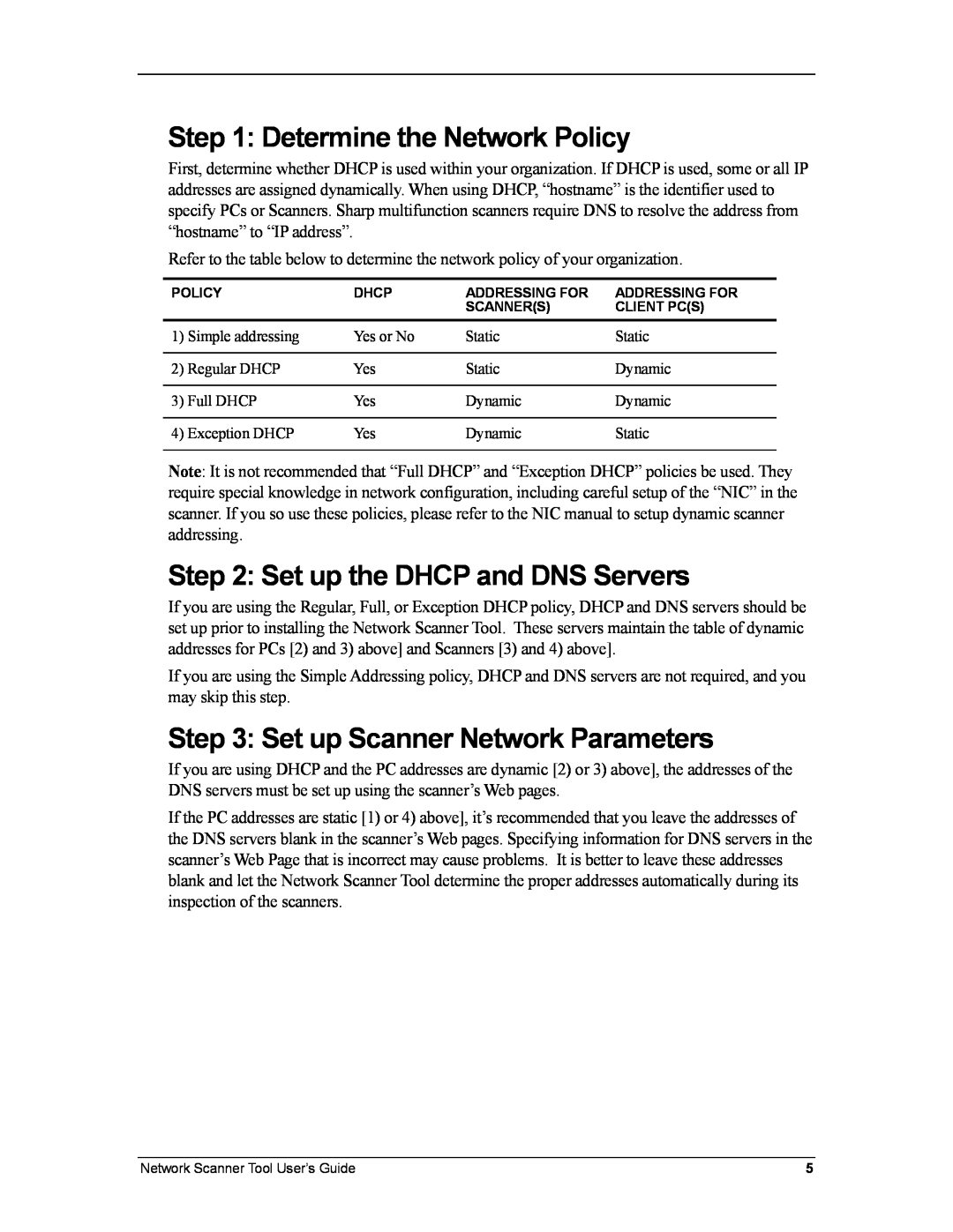 Sharp R3.1 manual Determine the Network Policy, Set up the DHCP and DNS Servers, Set up Scanner Network Parameters 