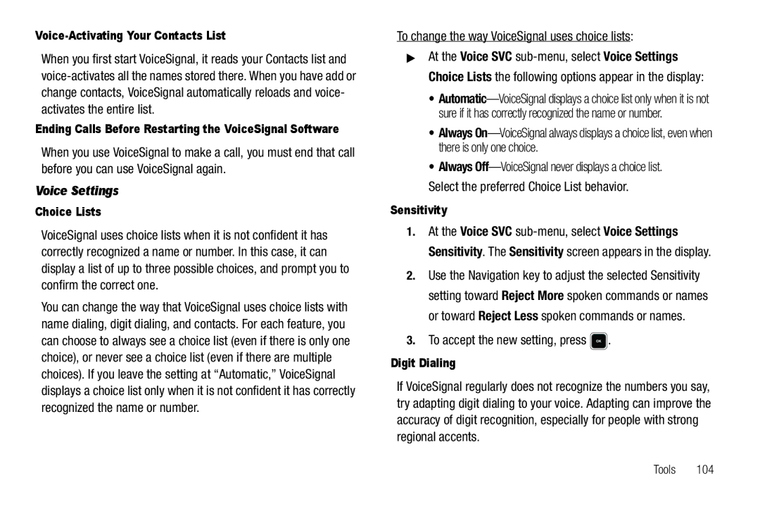 Sharp R520_CJ16_MM_111009_F4 user manual Voice Settings, To change the way VoiceSignal uses choice lists 