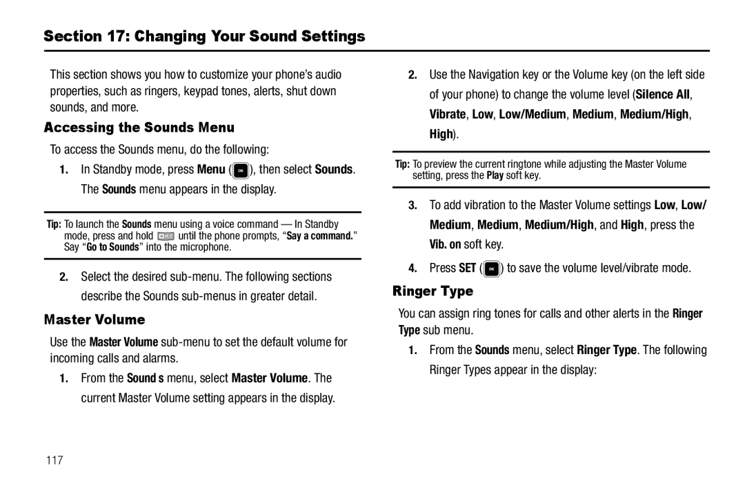 Sharp R520_CJ16_MM_111009_F4 Changing Your Sound Settings, Accessing the Sounds Menu, Master Volume, Ringer Type 