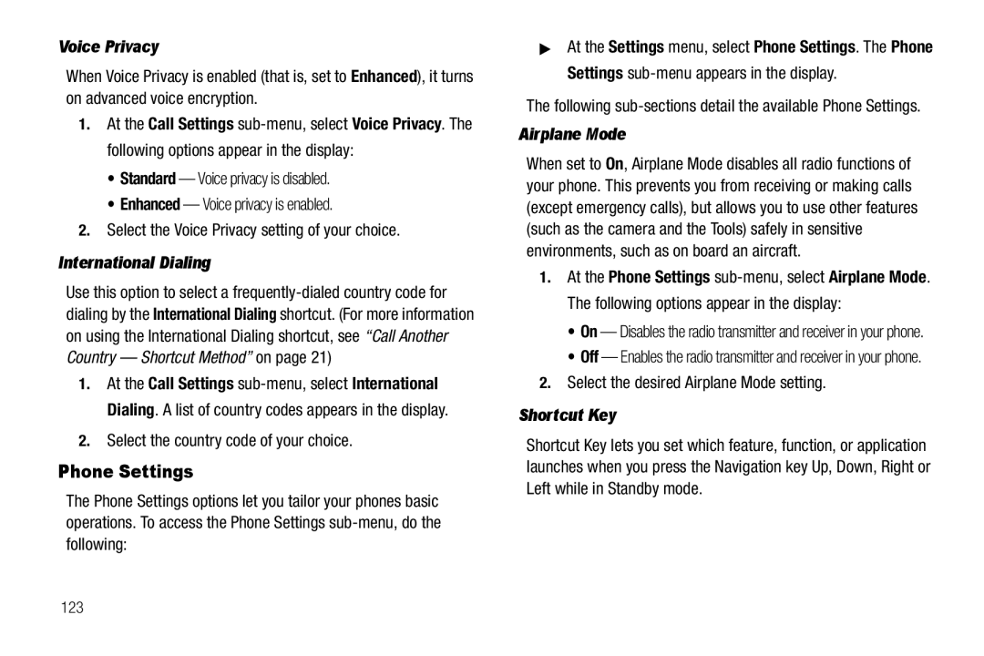 Sharp R520_CJ16_MM_111009_F4 user manual Phone Settings, Voice Privacy, International Dialing, Airplane Mode, Shortcut Key 