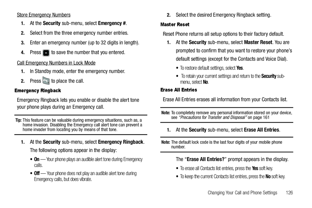 Sharp R520_CJ16_MM_111009_F4 user manual Select the desired Emergency Ringback setting, Master Reset, Erase All Entries 