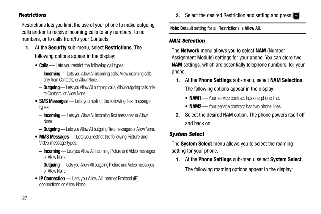 Sharp R520_CJ16_MM_111009_F4 Calls Lets you restrict the following call types, NAM Selection, System Select, Restrictions 