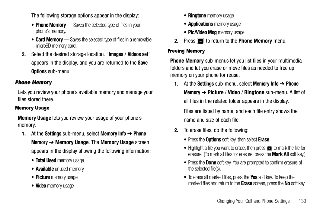 Sharp R520_CJ16_MM_111009_F4 user manual Phone Memory, Applications memory usage Pic/Video Msg memory usage, Memory Usage 