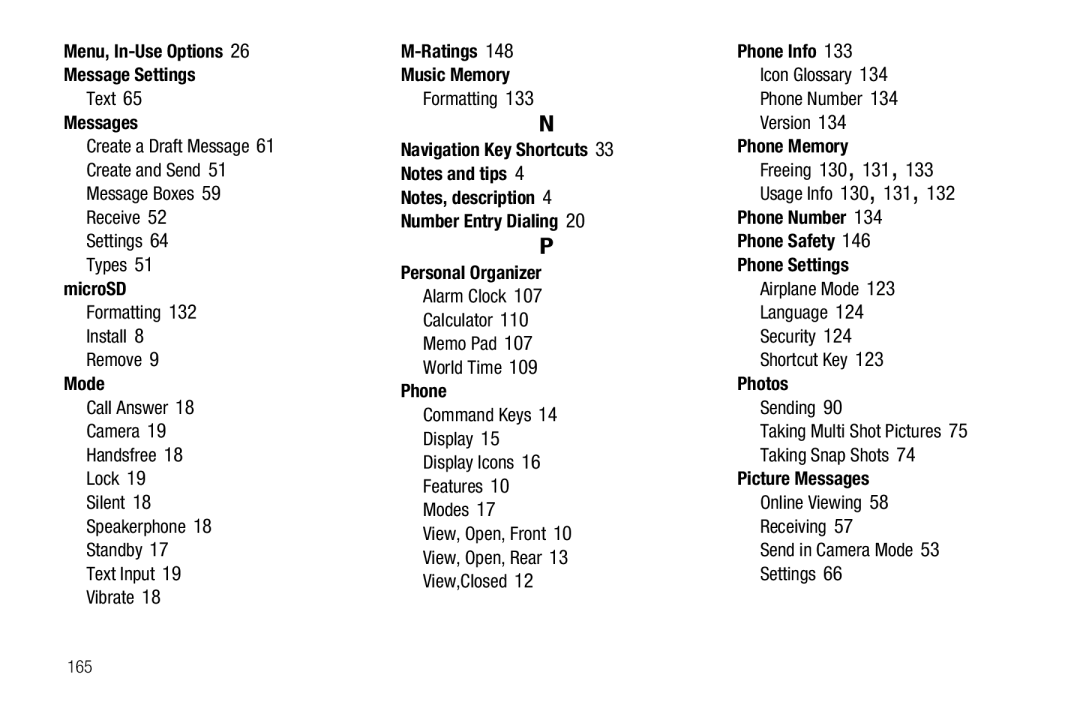 Sharp R520_CJ16_MM_111009_F4 Menu, In-Use Options Message Settings, MicroSD, Mode, Ratings Music Memory, Phone Info 