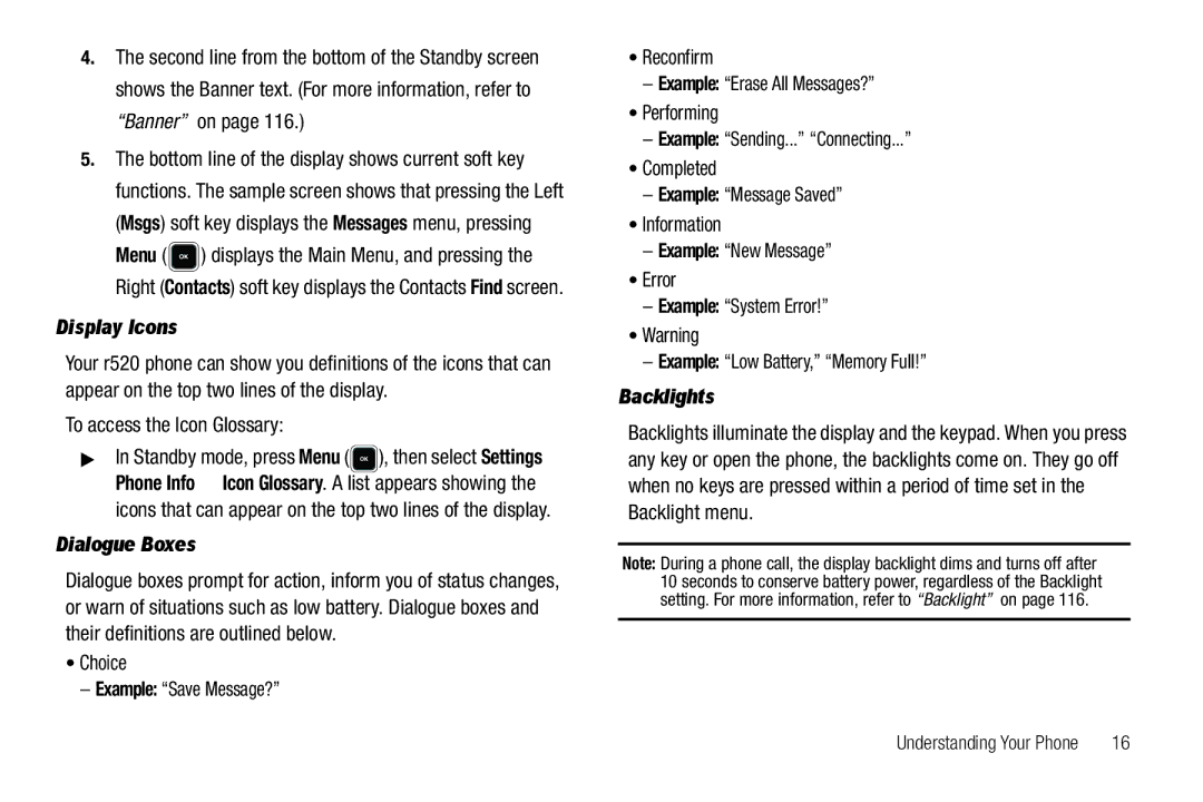 Sharp R520_CJ16_MM_111009_F4 user manual Display Icons, To access the Icon Glossary, Dialogue Boxes, Backlights 