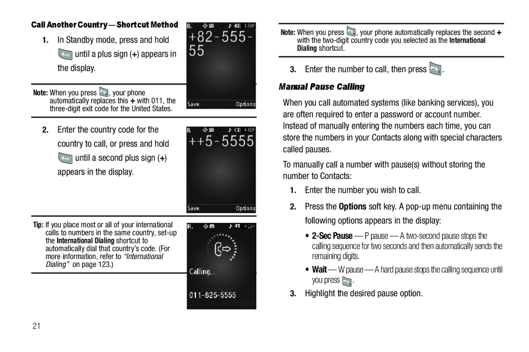 Sharp R520_CJ16_MM_111009_F4 user manual Manual Pause Calling, Call Another Country Shortcut Method 