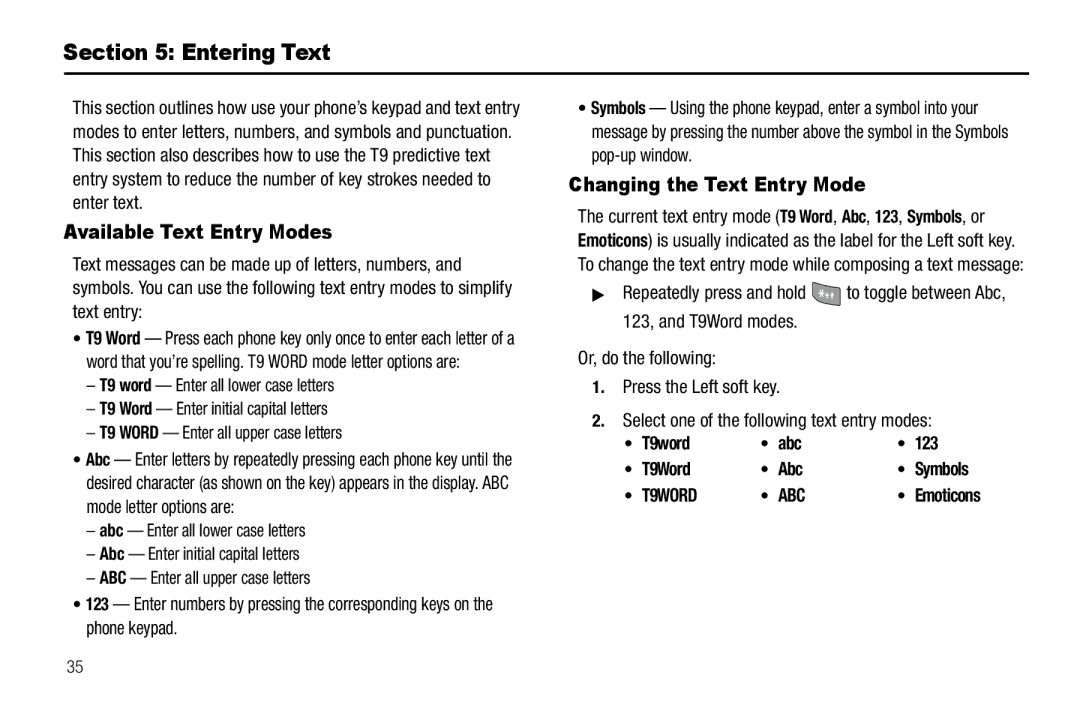 Sharp R520_CJ16_MM_111009_F4 user manual Entering Text, Available Text Entry Modes, Changing the Text Entry Mode 