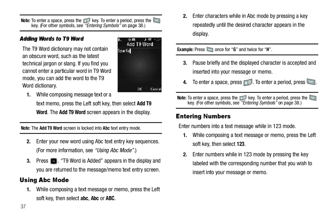 Sharp R520_CJ16_MM_111009_F4 Using Abc Mode, Entering Numbers, Adding Words to T9 Word, While composing message text or a 