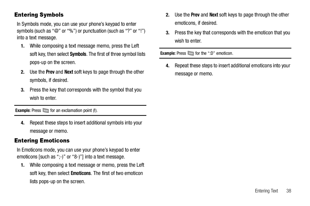 Sharp R520_CJ16_MM_111009_F4 user manual Entering Symbols, Entering Emoticons, Example Press for an exclamation point 