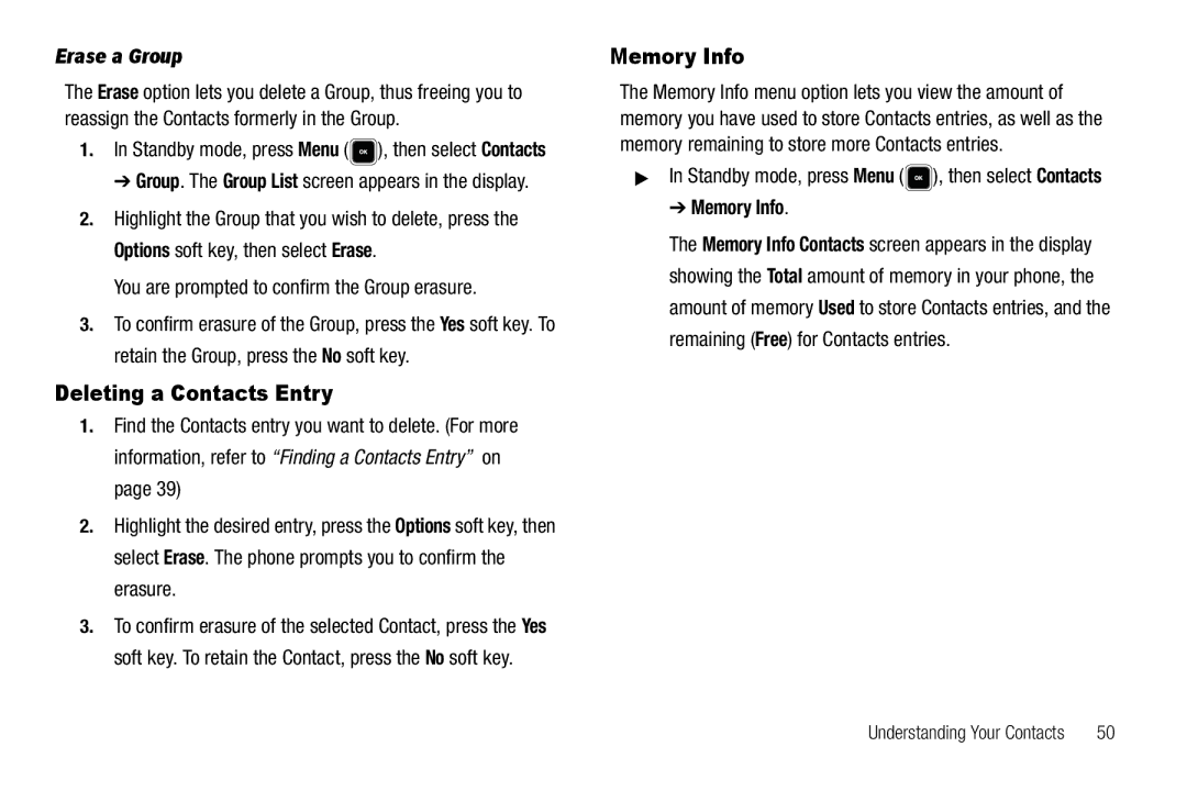 Sharp R520_CJ16_MM_111009_F4 user manual Deleting a Contacts Entry, Memory Info, Erase a Group 