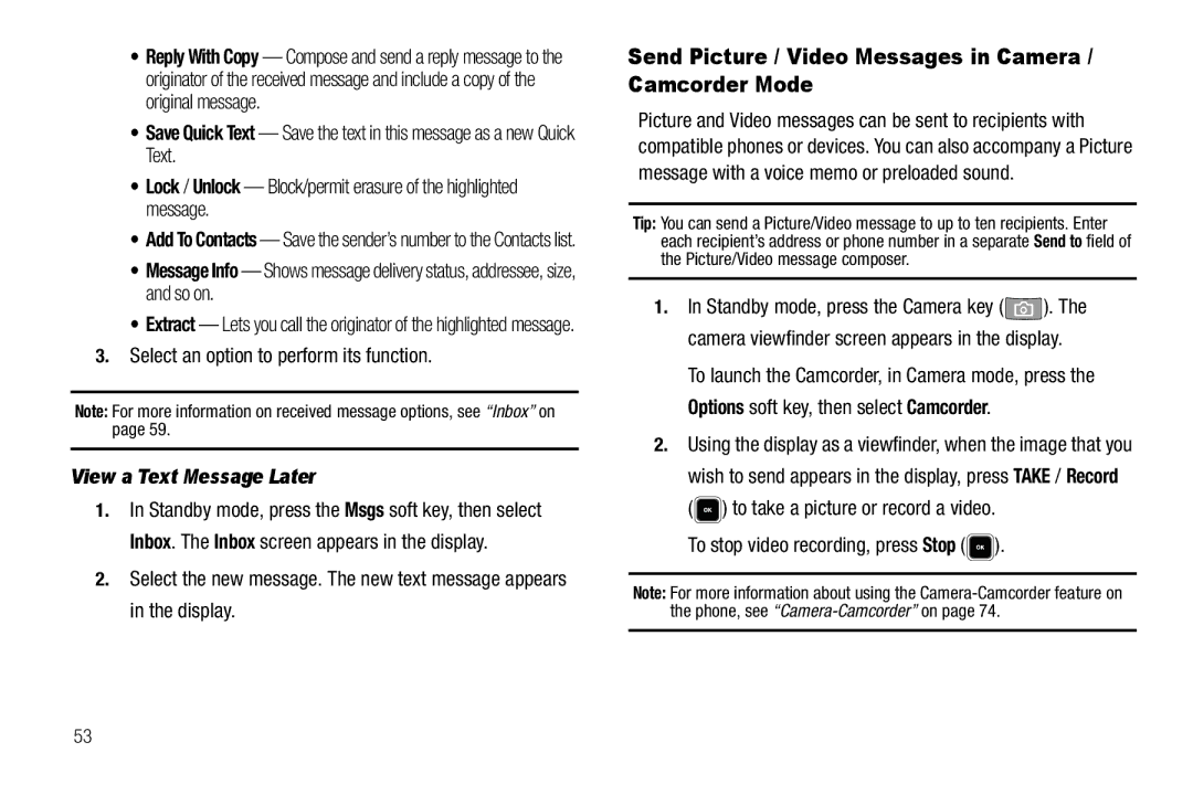 Sharp R520_CJ16_MM_111009_F4 Send Picture / Video Messages in Camera / Camcorder Mode, View a Text Message Later 