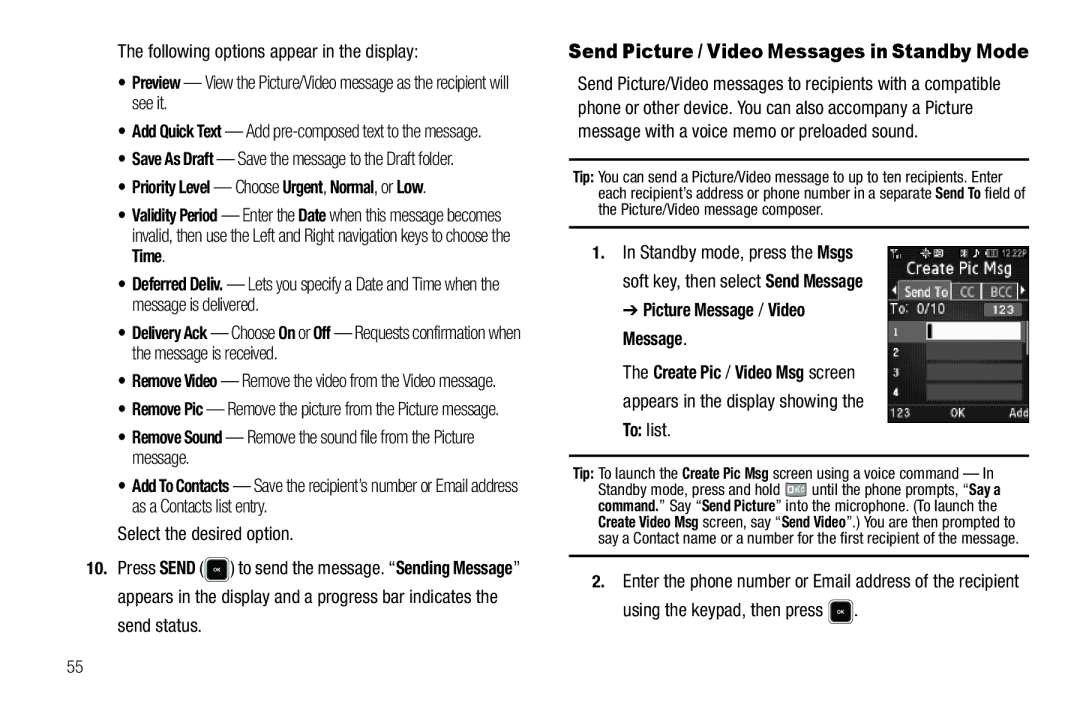 Sharp R520_CJ16_MM_111009_F4 user manual Send Picture / Video Messages in Standby Mode, Create Pic / Video Msg screen 