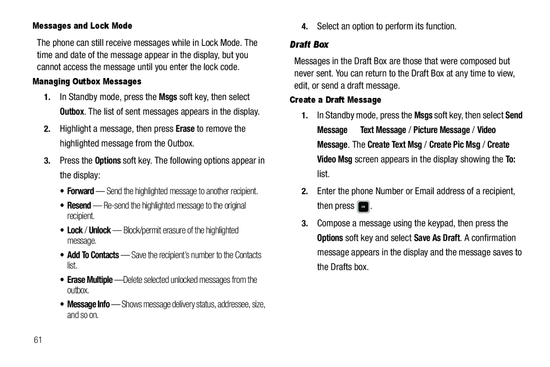 Sharp R520_CJ16_MM_111009_F4 user manual Draft Box, Messages and Lock Mode, Managing Outbox Messages 