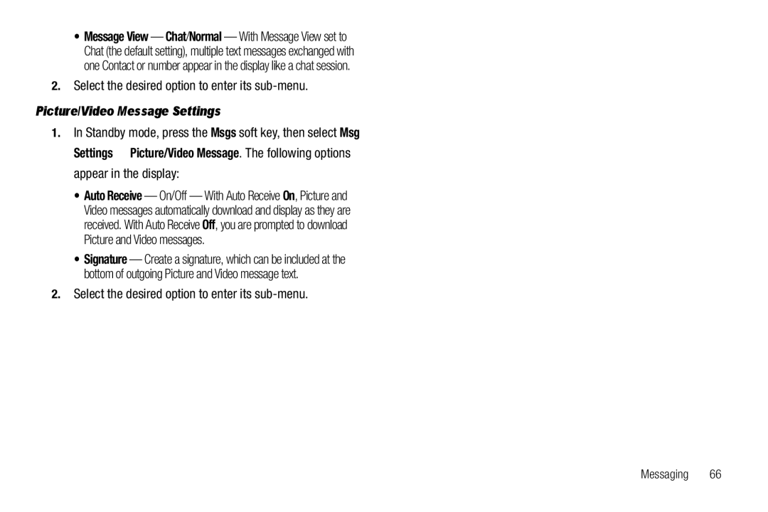 Sharp R520_CJ16_MM_111009_F4 user manual Select the desired option to enter its sub-menu, Picture/Video Message Settings 