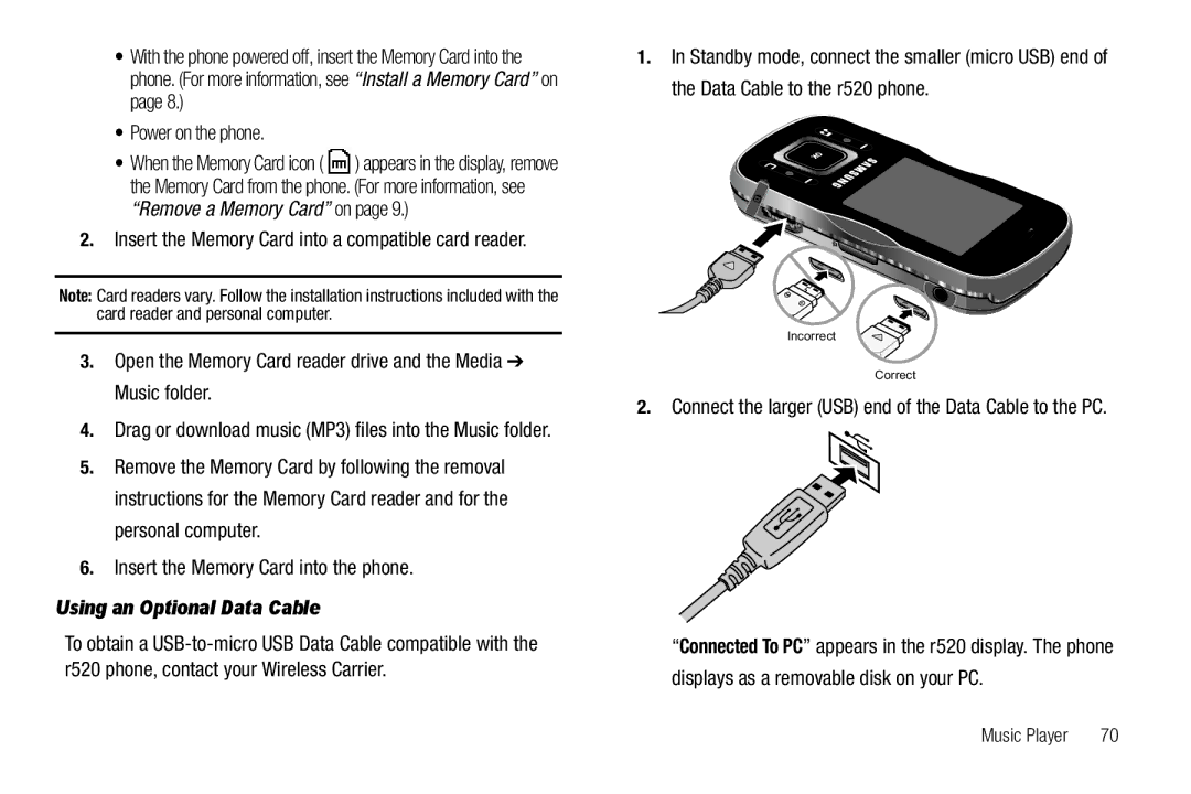 Sharp R520_CJ16_MM_111009_F4 Power on the phone, Insert the Memory Card into the phone, Using an Optional Data Cable 