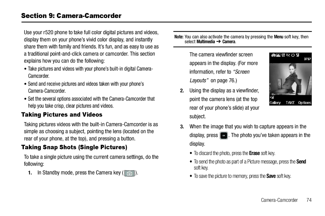 Sharp R520_CJ16_MM_111009_F4 user manual Camera-Camcorder, Taking Pictures and Videos, Taking Snap Shots Single Pictures 