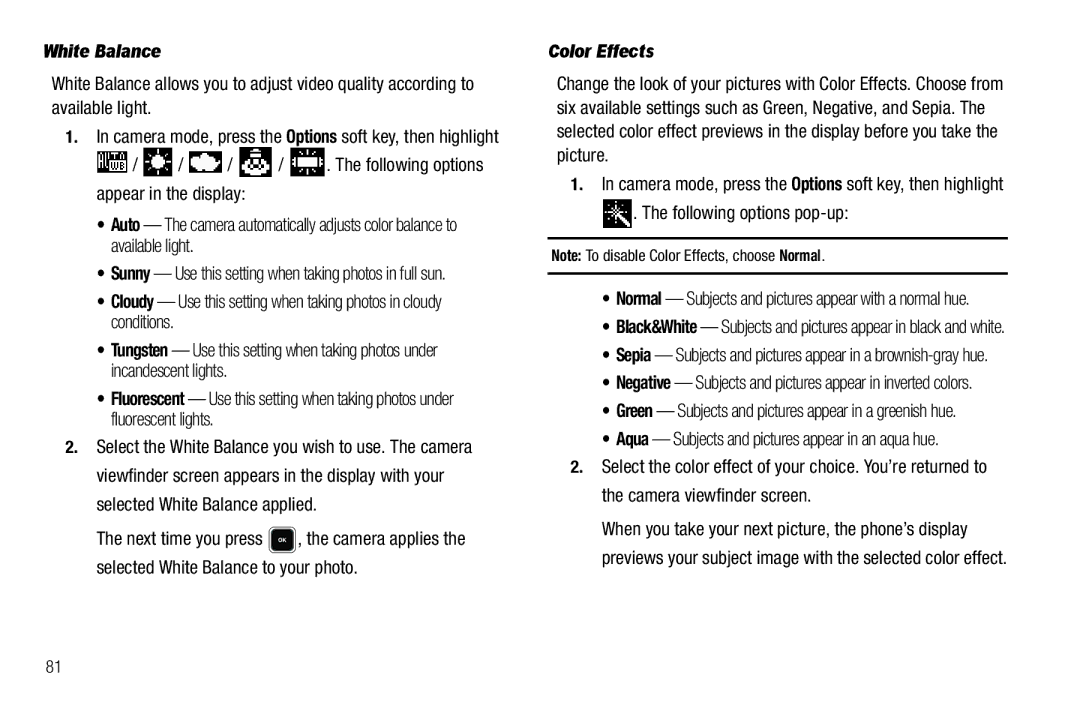 Sharp R520_CJ16_MM_111009_F4 user manual White Balance, Color Effects, Following options pop-up 