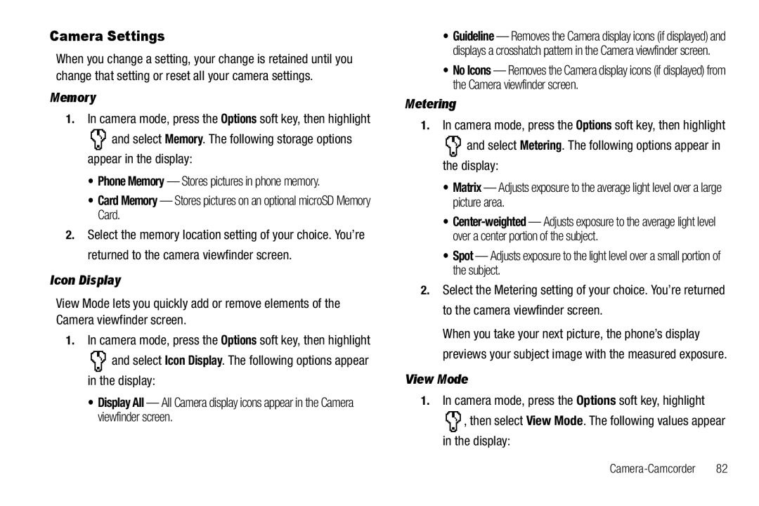 Sharp R520_CJ16_MM_111009_F4 user manual Camera Settings, Memory, Icon Display, Metering, View Mode 