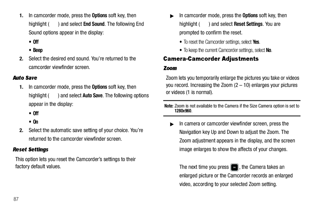 Sharp R520_CJ16_MM_111009_F4 user manual Camera-Camcorder Adjustments Zoom, Video, according to your selected Zoom setting 