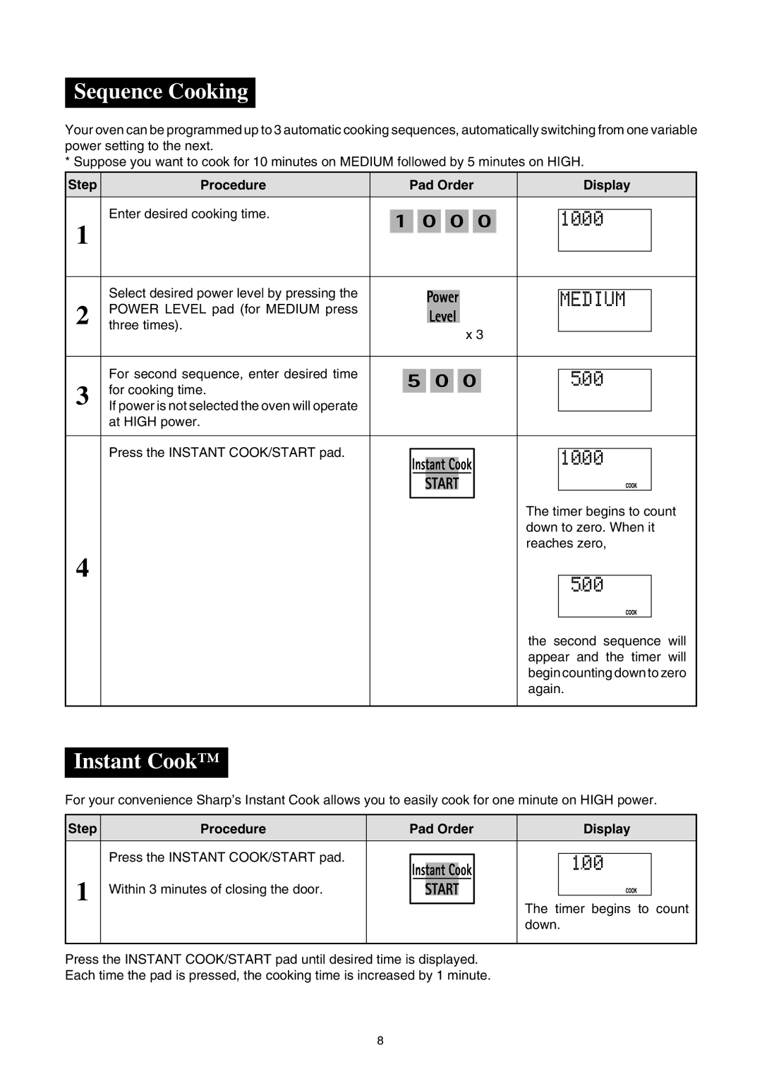 Sharp R580d(K) manual Sequence Cooking, Instant Cook 