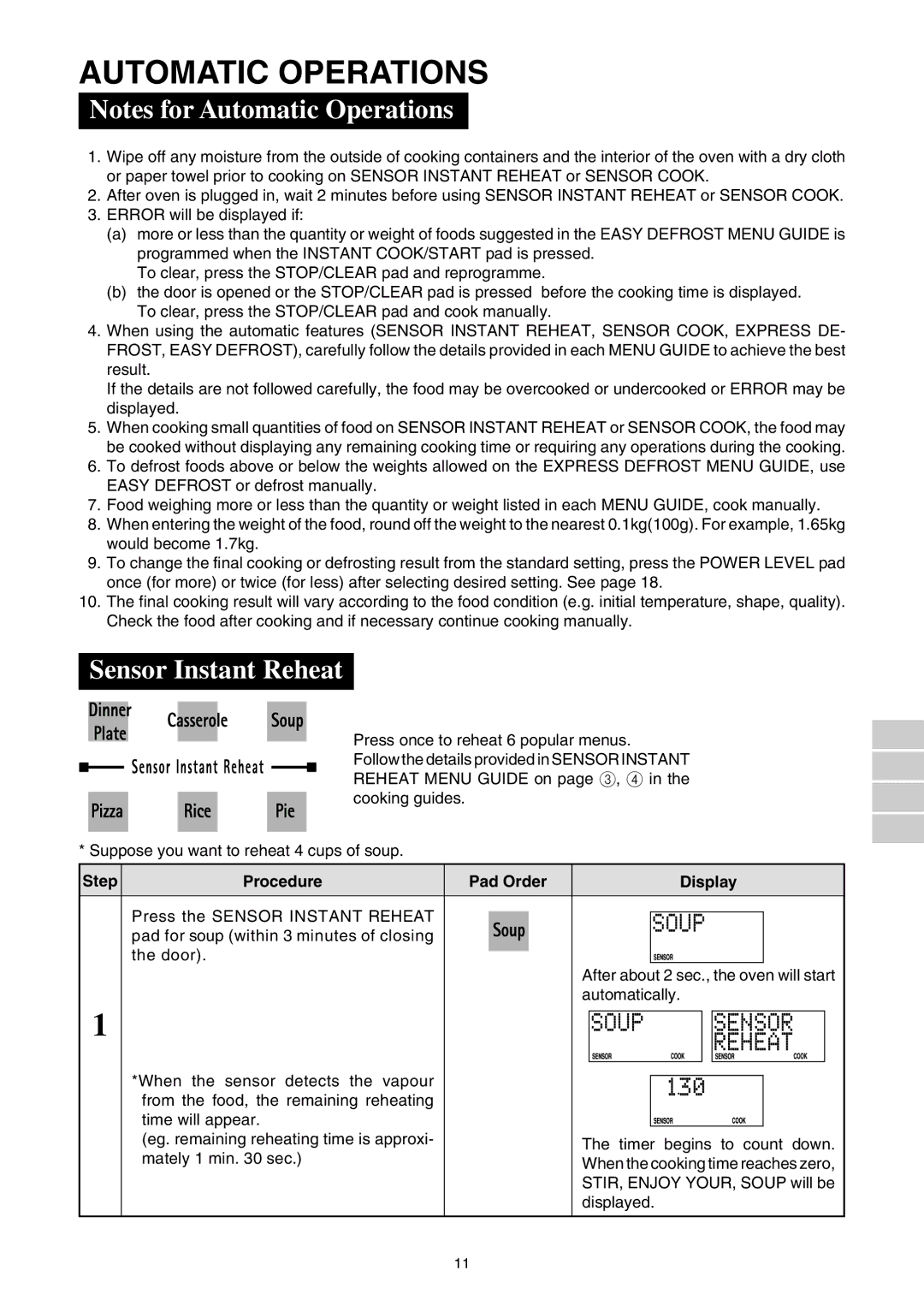 Sharp R580d(K) manual Automatic Operations, Sensor Instant Reheat, N S O R H E a T 