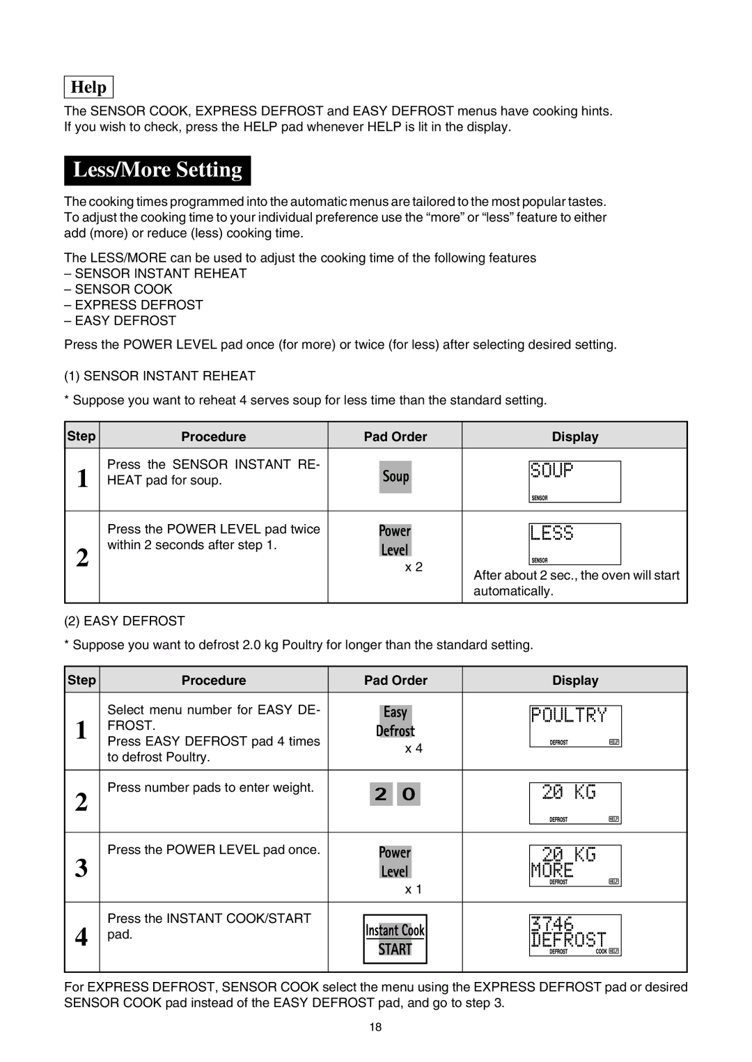 Sharp R580d(K) manual Less/More Setting, U P, S S, Sensor Instant Reheat 