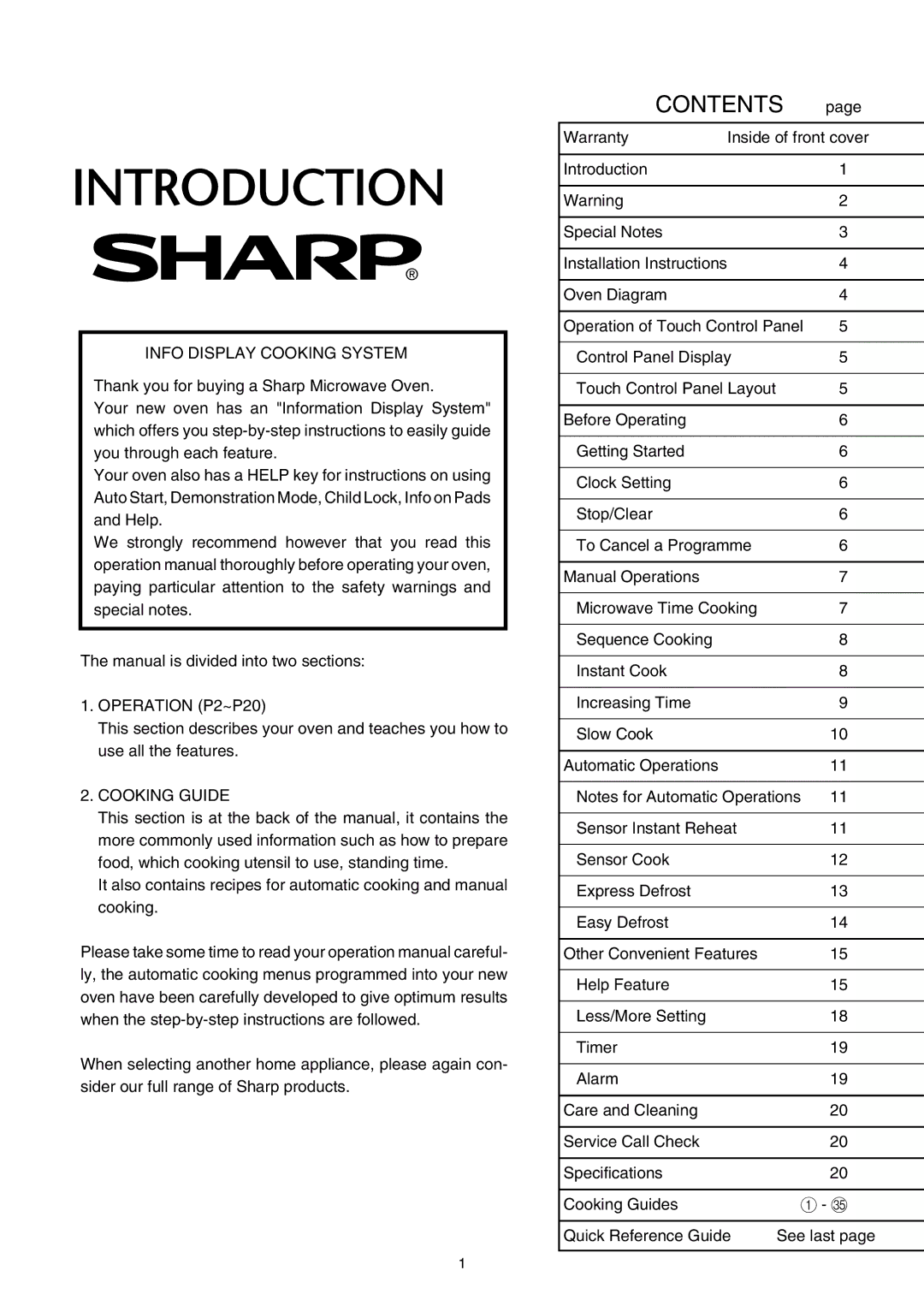 Sharp R580d(K) manual Contents 