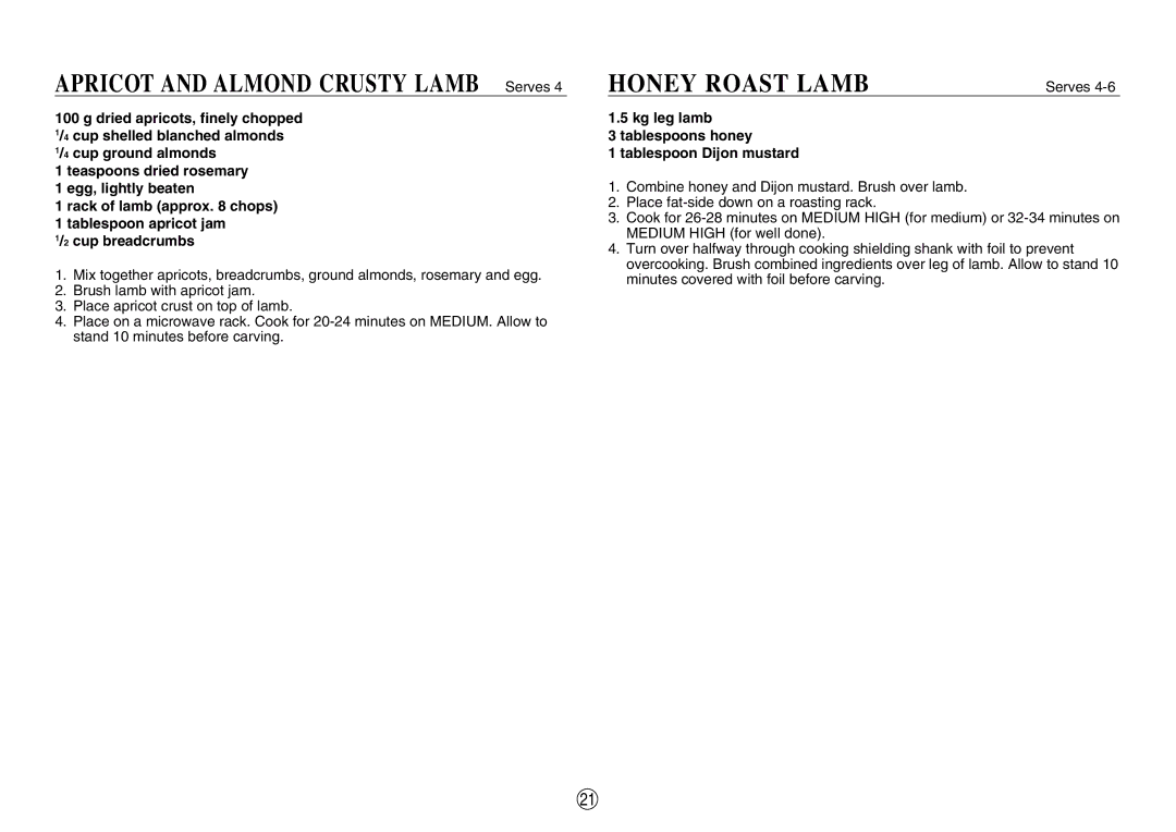 Sharp R580d(K) manual Honey Roast Lamb, Kg leg lamb Tablespoons honey Tablespoon Dijon mustard 