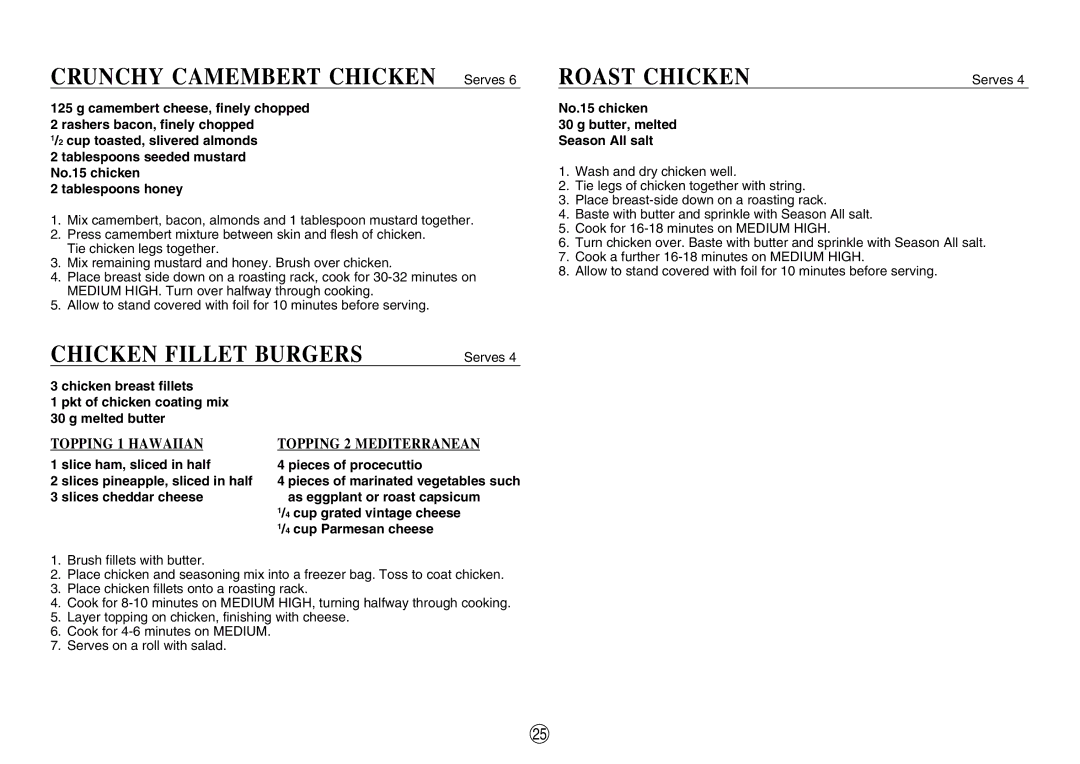 Sharp R580d(K) manual Crunchy Camembert Chicken Serves, Chicken Fillet Burgers, Roast Chicken 