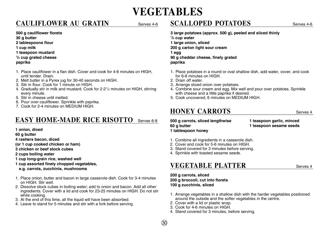 Sharp R580d(K) manual Cauliflower AU Gratin, Easy HOME-MADE Rice Risotto Serves, Scalloped Potatoes, Honey Carrots 