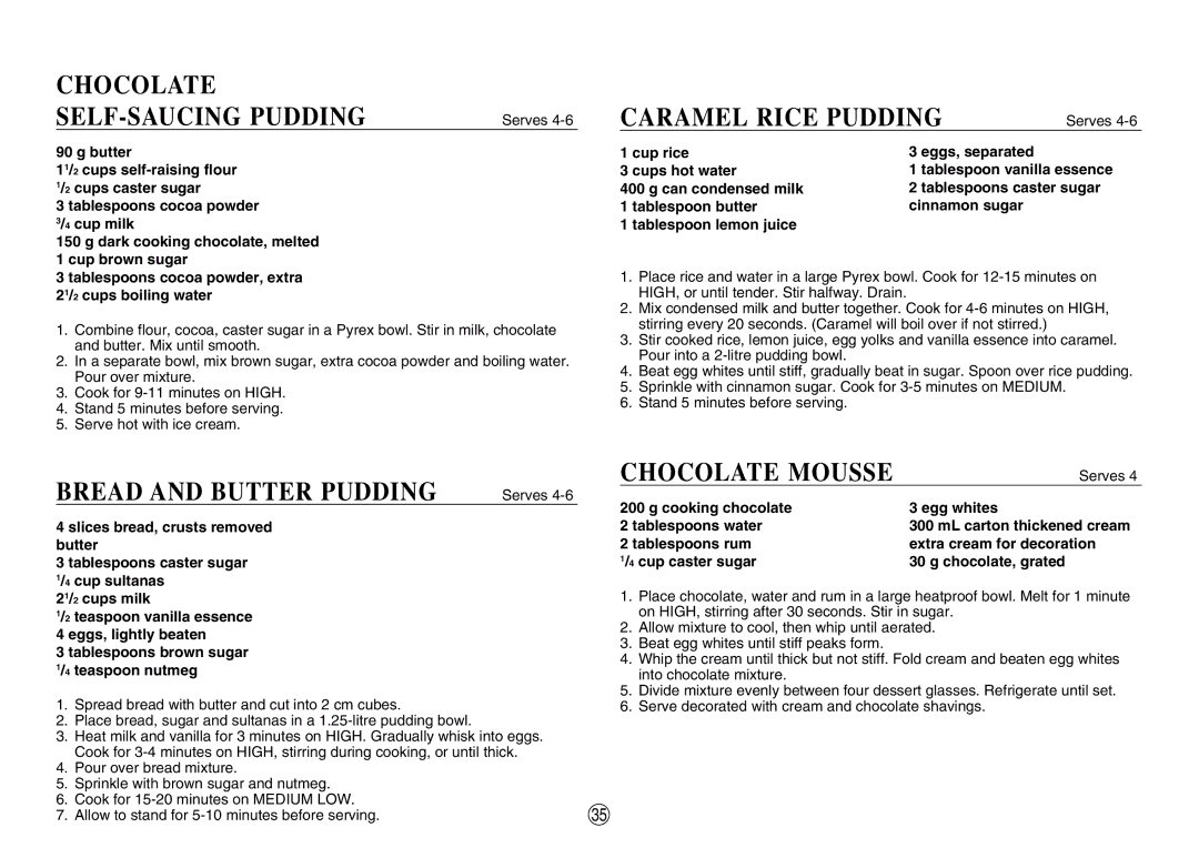 Sharp R580d(K) manual Chocolate SELF-SAUCING Pudding, Caramel Rice Pudding, Bread and Butter Pudding, Chocolate Mousse 