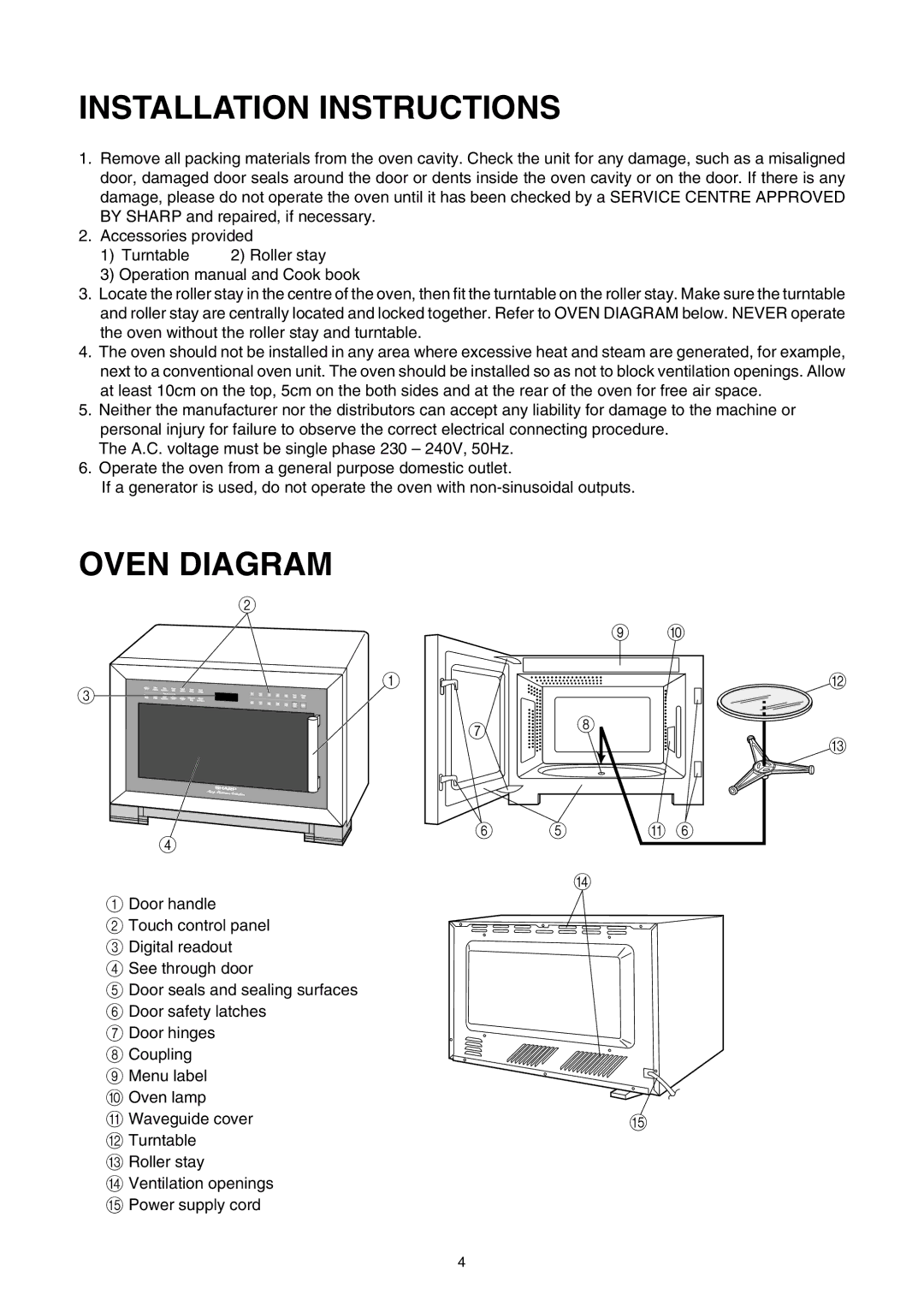 Sharp R580d(K) manual Installation Instructions, Oven Diagram 