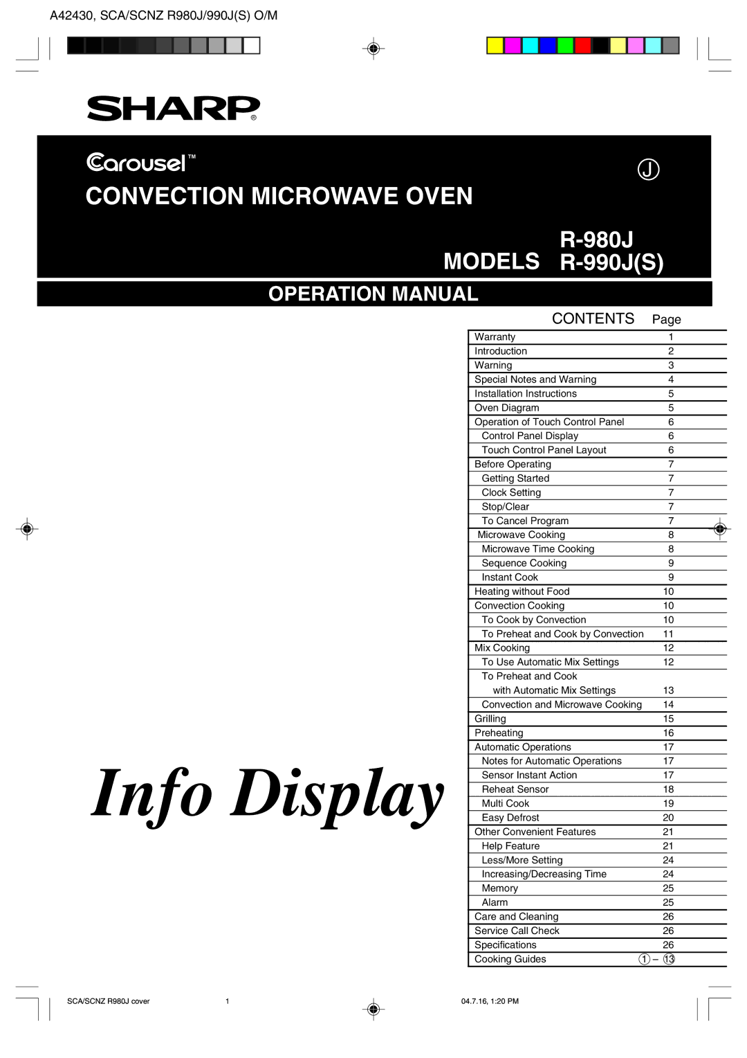 Sharp R-980J, R990J(S) operation manual Info Display 