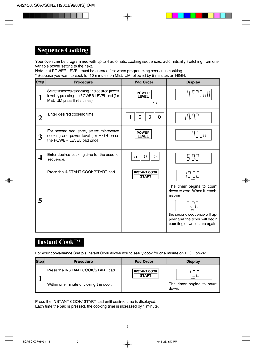 Sharp R990J(S), R-980J operation manual Sequence Cooking, Instant Cook, Step Procedure Pad Order Display 