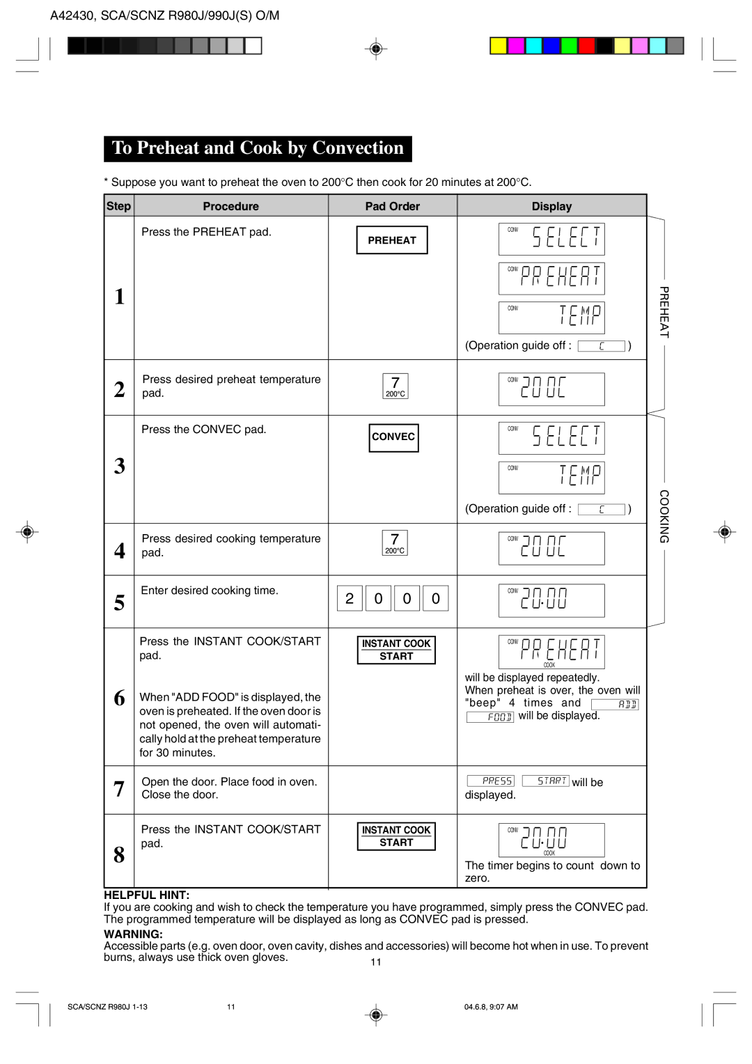 Sharp R990J(S), R-980J operation manual To Preheat and Cook by Convection 