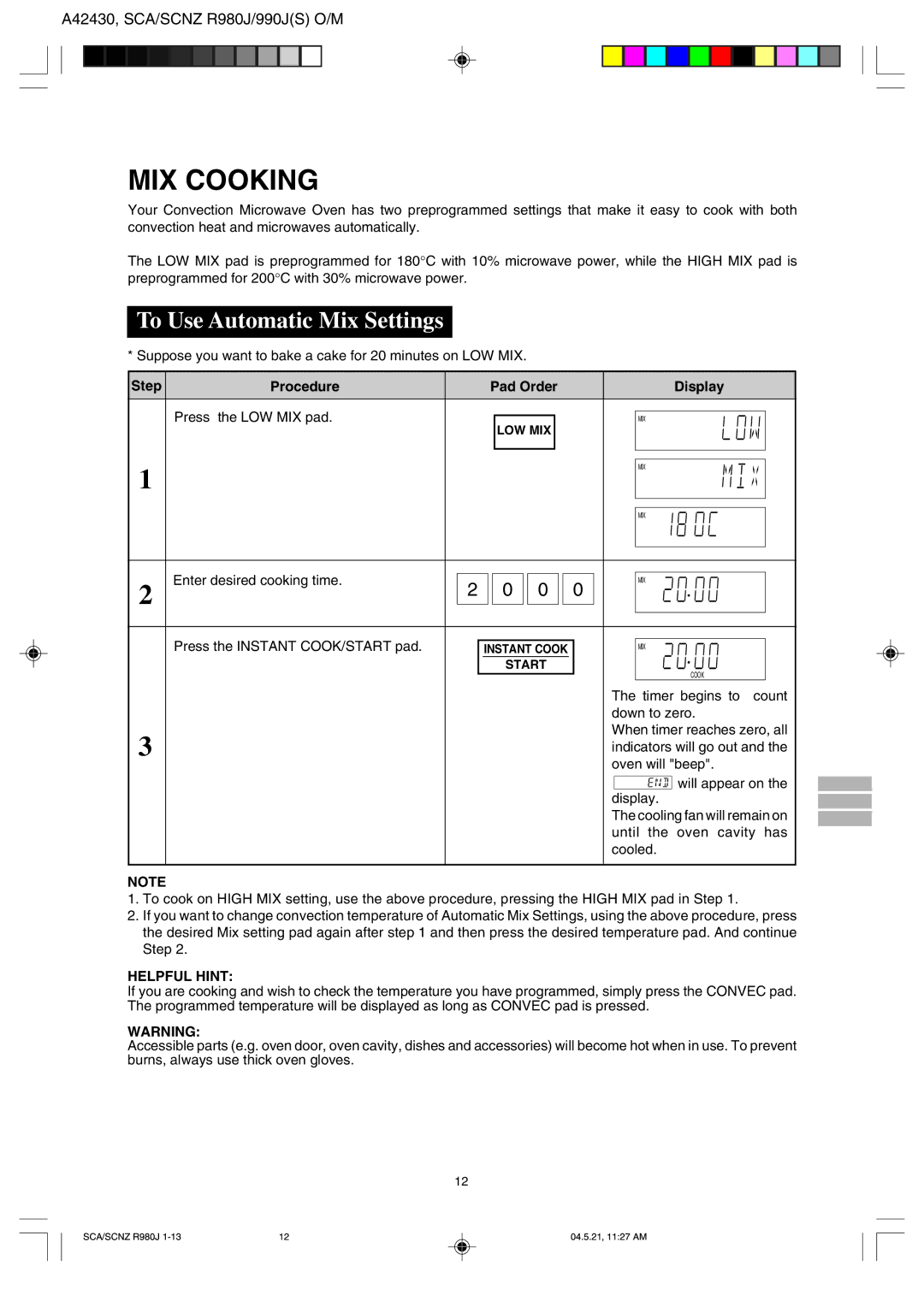 Sharp R-980J, R990J(S) operation manual MIX Cooking, To Use Automatic Mix Settings 