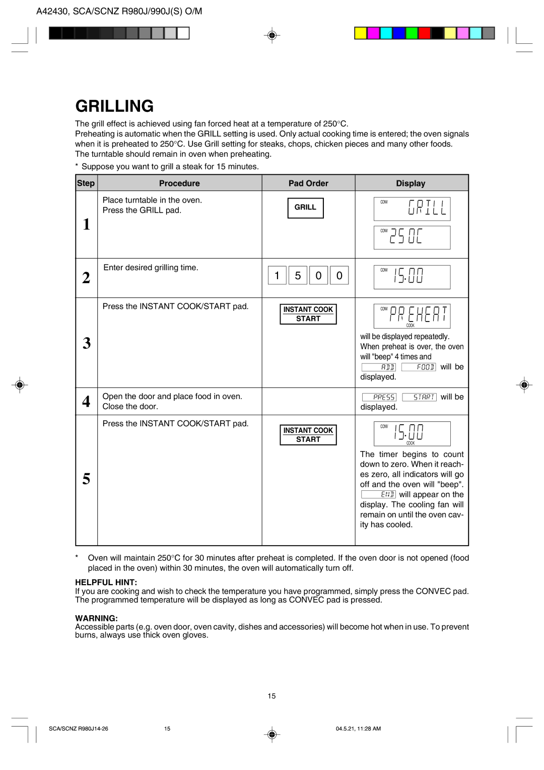 Sharp R990J(S), R-980J operation manual Grilling 