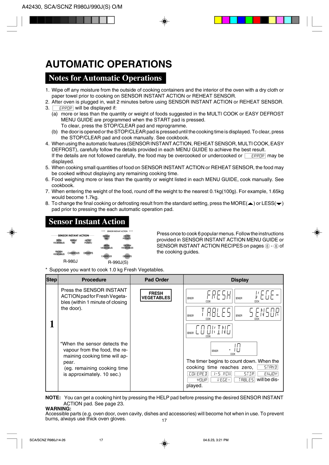 Sharp R990J(S), R-980J operation manual Automatic Operations, Sensor Instant Action 