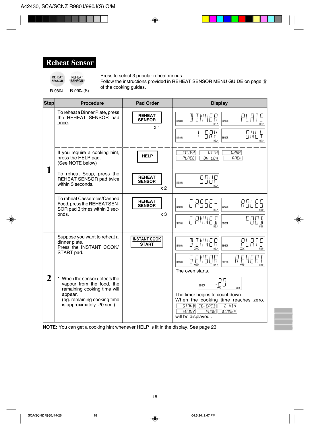 Sharp R-980J, R990J(S) operation manual Reheat Sensor 