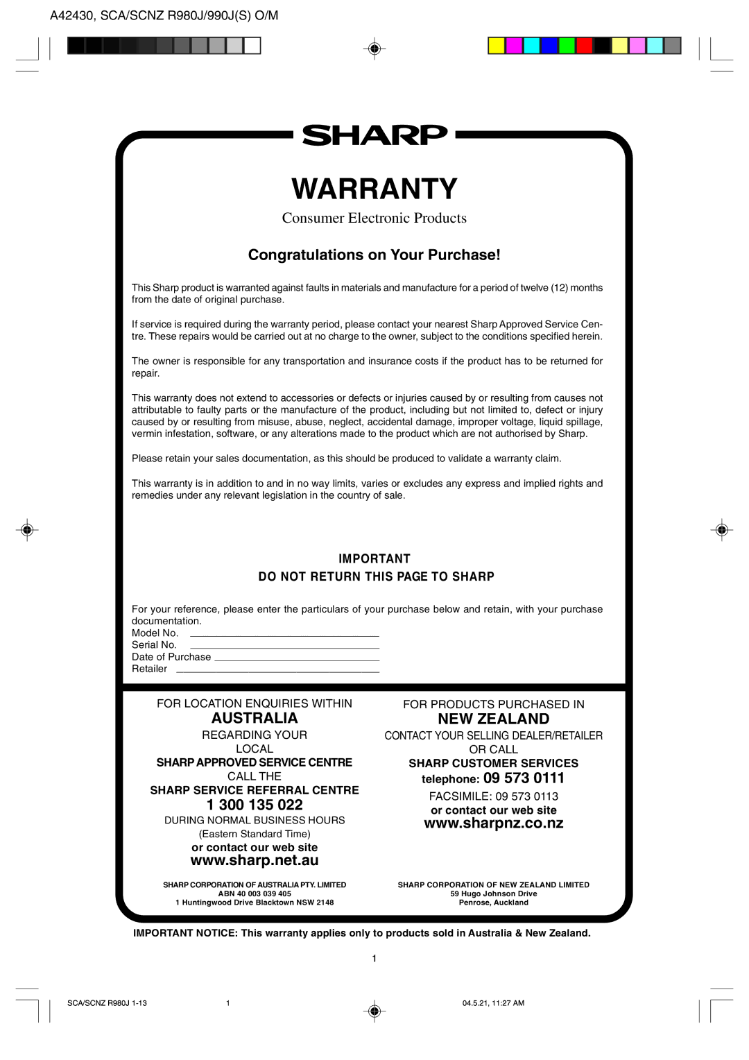 Sharp R990J(S), R-980J operation manual Telephone 09 573, Or contact our web site, Contact Your Selling DEALER/RETAILER 