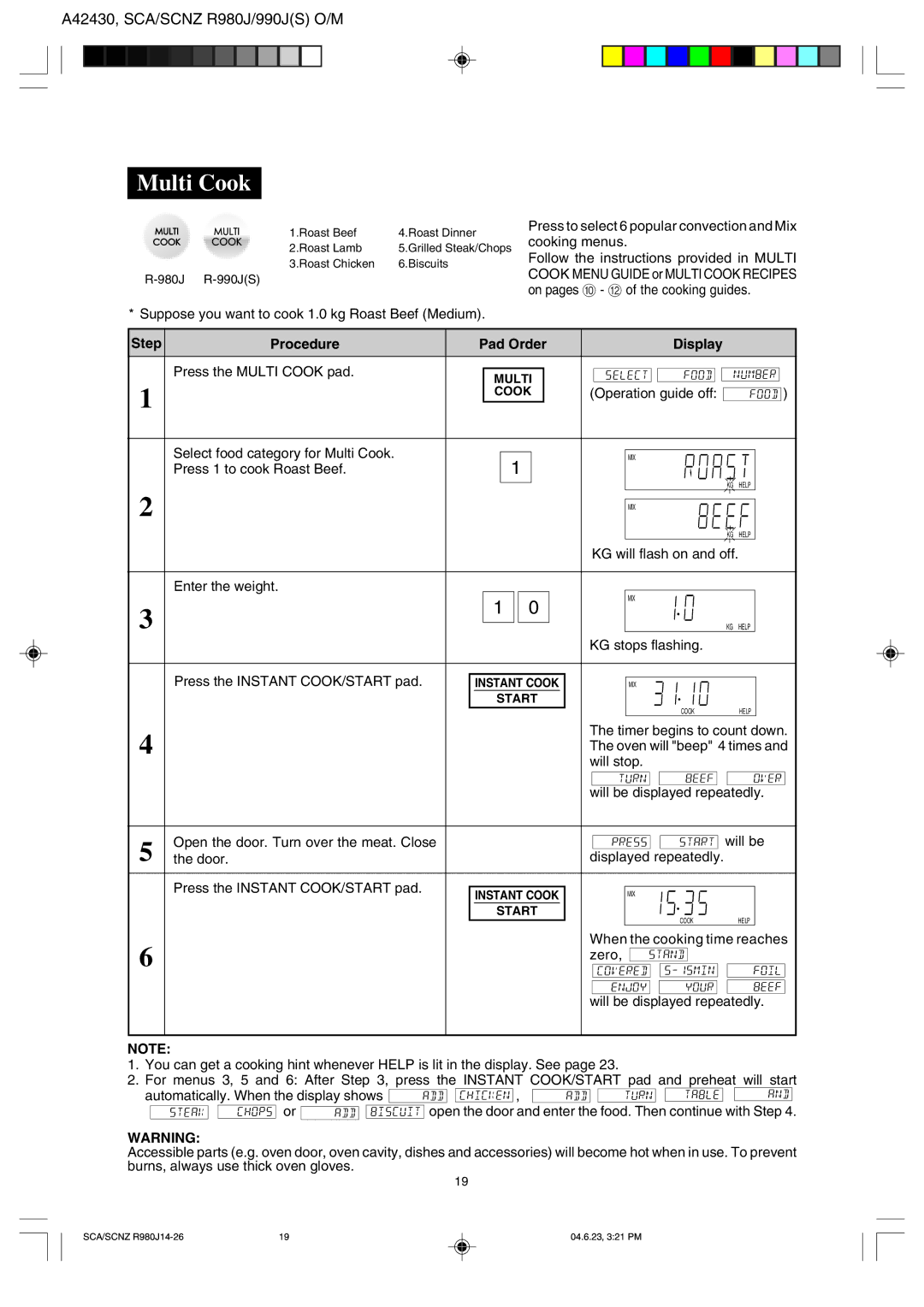 Sharp R990J(S), R-980J operation manual Step Procedure Pad Order Display Press the Multi Cook pad 