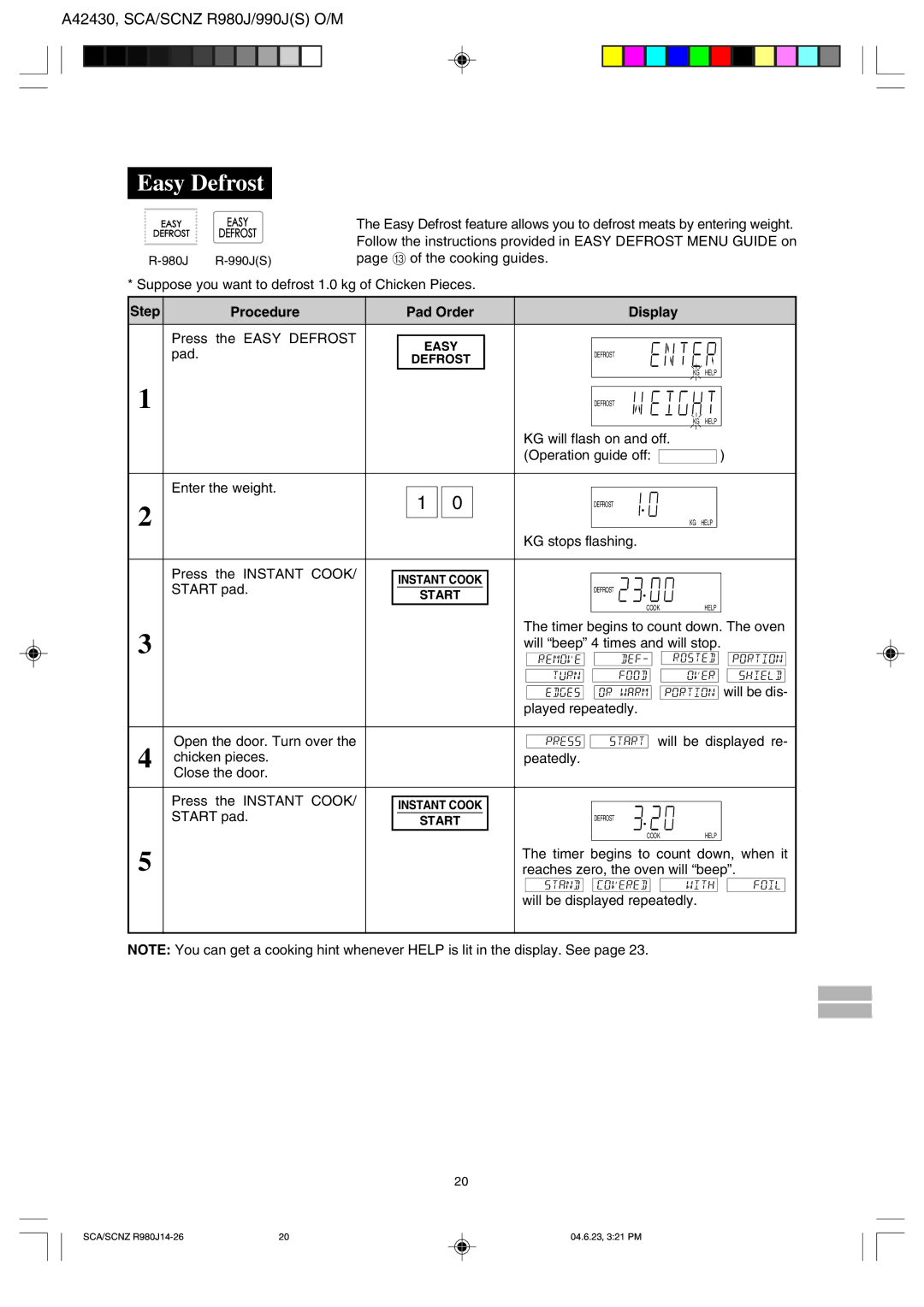 Sharp R-980J, R990J(S) operation manual Easy Defrost 