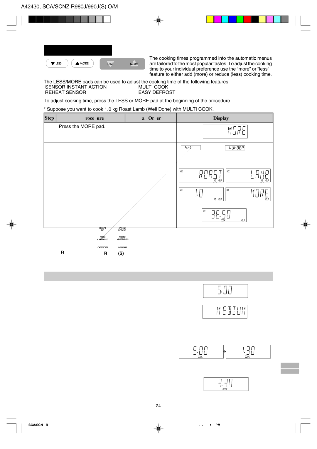 Sharp R-980J, R990J(S) operation manual Less/More Setting, Increasing or Decreasing Time During a Cooking Programme 