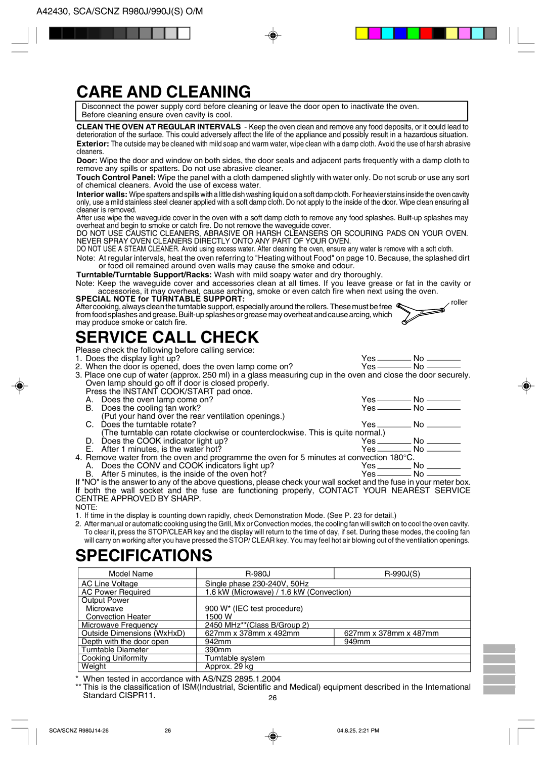 Sharp R-980J, R990J(S) operation manual Care and Cleaning, Service Call Check, Specifications 