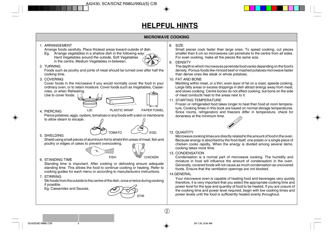 Sharp R-980J, R990J(S) operation manual Helpful Hints, LID Plastic Wrap Paper Towel, Tomatoegg, Fishchicken, Stir 