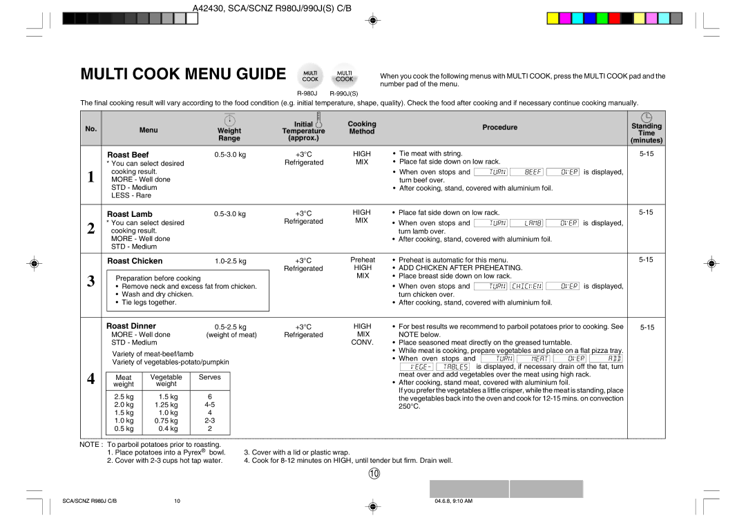 Sharp R-980J, R990J(S) operation manual Multi Cook Menu Guide, Roast Beef, Roast Lamb, Roast Chicken, Roast Dinner 