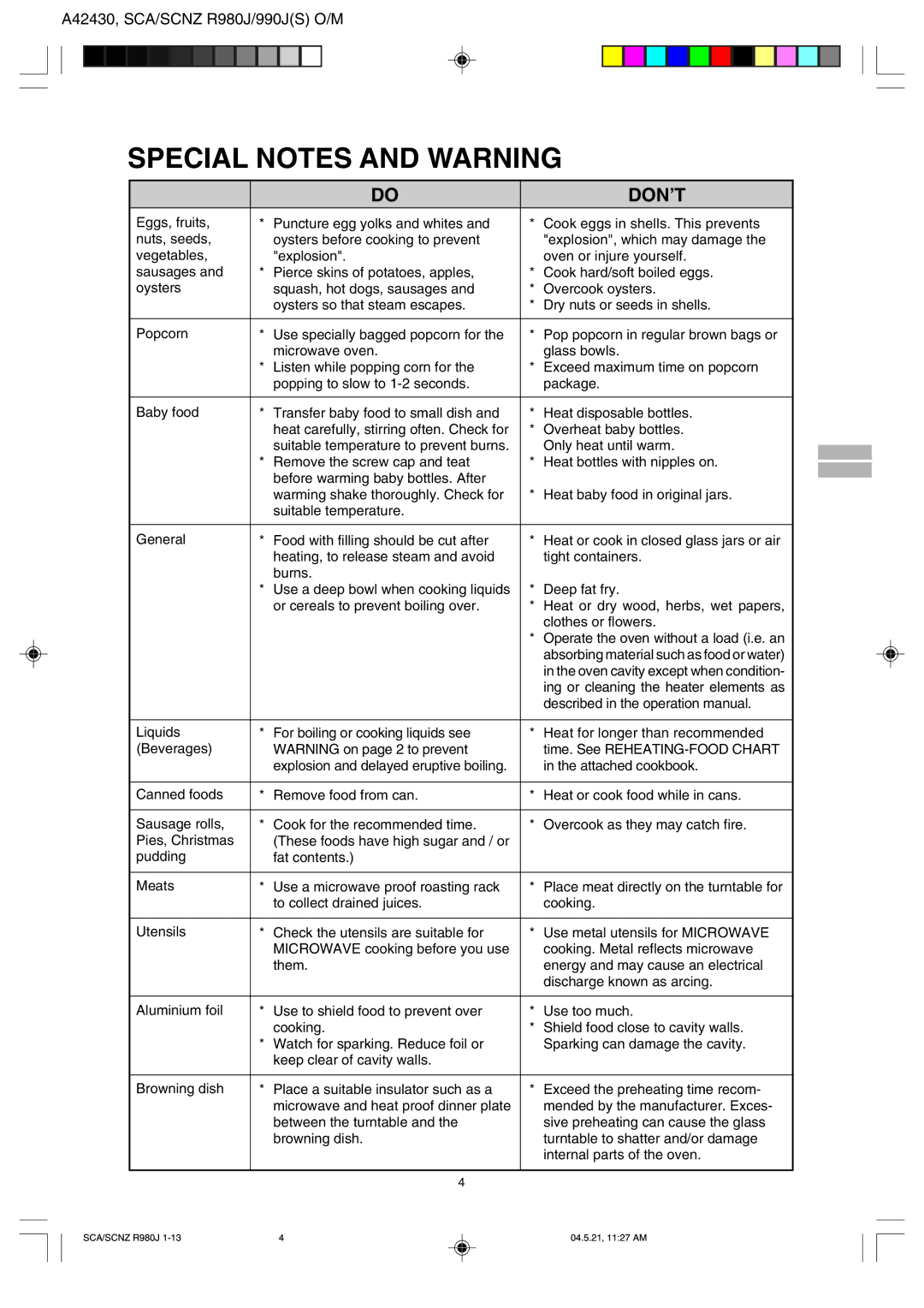 Sharp R-980J, R990J(S) operation manual Special Notes and Warning, Don’T 