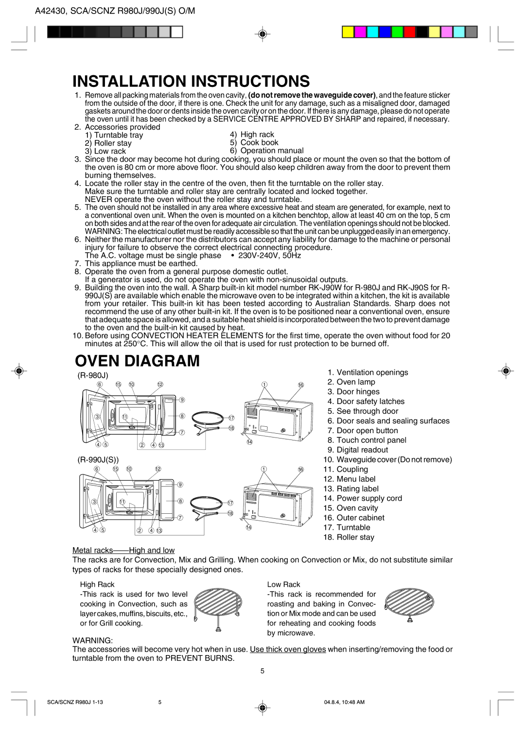 Sharp R990J(S), R-980J operation manual Installation Instructions, Oven Diagram 